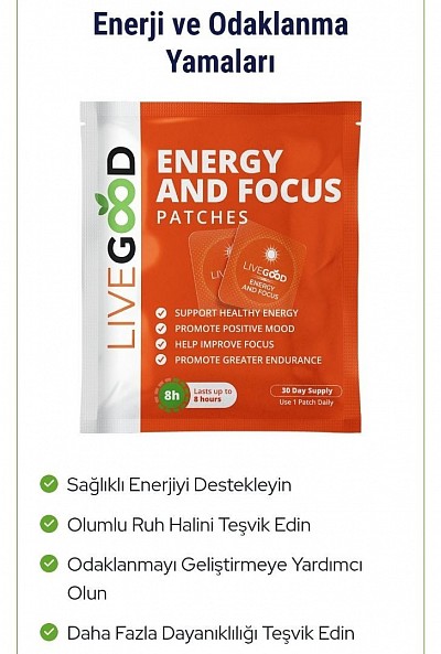ÜRÜN AÇIKLAMASI ;  Enerji ve Odaklanma Yamaları  LiveGood Sağlıklı Enerji ve Odaklanma Bantları, yüksek oranda emilebilen, sağlıklı ve doğal içeriklerin benzersiz bir karışımını doğrudan cilde ve kan dolaşımına ileterek saatlerce süren sürdürülebilir ve gençleştirici bir enerji artışı sağlar.  Vitamin, mineral ve bitki özlerinden oluşan güçlü karışımımız, vücudu canlandırmak için sinerjik olarak birlikte çalışarak sağlıklı enerji, pozitif ruh hali, artan odaklanma ve genel performansın artırılmasına yardımcı olurken, yorgunlukla mücadele ederek günün üstesinden gelmenize yardımcı olur!     Kullanım şekli:   Yamayı alt kısmından çıkarın ve çok az veya hiç kıl olmayan bir cilt bölgesine (bilek, kalça, omuz, ayak bileği içi) doğrudan bastırın. Herhangi bir yağ, krem ​​veya losyon yapışkanlığı ve performansı tehlikeye atabileceğinden, uygulamadan önce yamayı uygulayacağınız yeri temizleyin ve kurulayın.   LiveGood Energy and Focus bandının etkilerini uygulamadan yaklaşık 30 dakika sonra hissetmeye başlamalısınız. 8 saat sonra bandı çıkarın ve atın. Daha önce kullanılmış bir bandı tekrar kullanmayın.