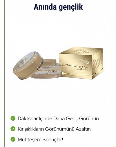 ÜRÜN AÇIKLAMASI;    Anında gençlik 90 Saniyede Yaşlanma Görünümünü Azaltın!  Yaşlanmanın gözle görülür belirtilerini hızlı ve etkili bir şekilde azaltmak için bilimsel olarak formüle edilen Instant Youth, kırışıklıkların, göz altı torbalarının ve ince çizgilerin görünümünü anında azaltmaya yardımcı olarak iki dakikadan kısa sürede harika sonuçlar elde etmenizi sağlar!   Her Zaman Kullan!   Instant Youth'u cildinizin çizgilerin ve kırışıklıkların görünümünü azaltmak istediğiniz bölgelerine uygulayın, kurumasını bekleyin ve sonuçları hemen görün!