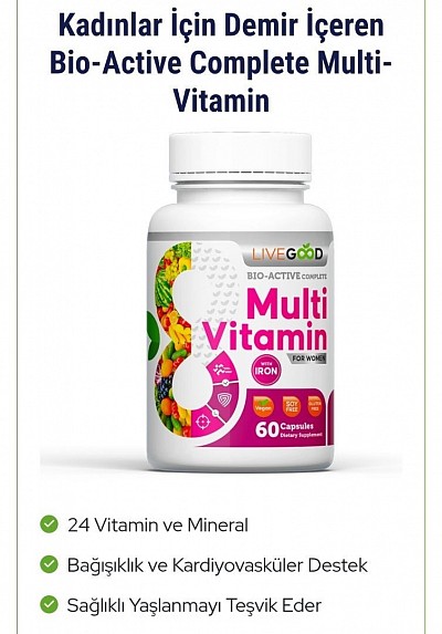 Tanım Kadınlar İçin Demir İçeren Bio-Active Complete Multi-Vitamin Çoğu kadın günlük beslenmesinde yeterli vitamin ve mineral almıyor. Bu vitamin eksiklikleri her türlü sağlık sorununa yol açabilir: zayıf bağışıklık sistemi, saç dökülmesi, cilt sorunları, görme bozukluğu, kemik yoğunluğunda azalma, hatta kilo alımı ve diğer daha ciddi sağlık sorunları. İşte bu yüzden HERKES her gün kaliteli bir multivitamin kullanmalıdır. İyi bir multivitamin, bu besin boşluklarını doldurmaya ve birçok potansiyel sağlık sorununu önlemeye yardımcı olacaktır. Kadınlar için LiveGood Bio-Active Complete Multivitaminimiz, vücudunuza çoğu insanın gıdalardan tam olarak alamadığı 24 farklı vitamin ve minerali sağlamak için en yüksek kaliteli içeriklerle ve optimum dozajlarla stratejik olarak formüle edilmiştir... hepsi de herkesin karşılayabileceği bir fiyata. Kadınların adet döngüsünde kaybettikleri demir miktarını telafi etmek için daha fazla demire ihtiyaç duymaları nedeniyle, Kadınlar İçin Multivitaminimiz vücudunuz için en yüksek kalitede demiri içerir. Bağışıklık sisteminizi güçlendirmeye, kalp damar sağlığınızı desteklemeye, stresi ve kaygıyı azaltmaya, sağlıklı görme ve kemik gücünüzü korumaya, sağlıklı yaşlanmayı desteklemeye ve çok daha fazlasına yardımcı olun! LiveGood BioActive Tam Multivitamin