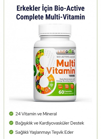 Tanım Erkekler İçin Bio-Active Complete Multi-Vitamin Çoğu erkek günlük beslenmesinde yeterli vitamin ve mineral almıyor. Bu vitamin eksiklikleri her türlü sağlık sorununa yol açabilir: zayıf bağışıklık sistemi, saç dökülmesi, cilt sorunları, görme bozukluğu, kemik yoğunluğunda azalma, hatta kilo alımı ve diğer daha ciddi sağlık sorunları. İşte bu yüzden HERKES her gün yüksek kaliteli bir multivitamin kullanmalıdır. İyi bir multivitamin, bu besin boşluklarını doldurmaya ve birçok potansiyel sağlık sorununu önlemeye yardımcı olacaktır. LiveGood BioActive Complete Multivitaminimiz, vücudunuza çoğu insanın gıdalardan tam olarak alamadığı 24 farklı vitamin ve minerali sağlamak için en yüksek kaliteli içeriklerle optimum dozajlarda stratejik olarak formüle edilmiştir... hepsi de herkesin karşılayabileceği bir fiyata. Bağışıklık sisteminizi güçlendirmeye, kalp damar sağlığınızı desteklemeye, stresi ve kaygıyı azaltmaya, sağlıklı görme ve kemik gücünüzü korumaya, sağlıklı yaşlanmayı desteklemeye ve çok daha fazlasına yardımcı olun! LiveGood BioActive Tam Multivitamin